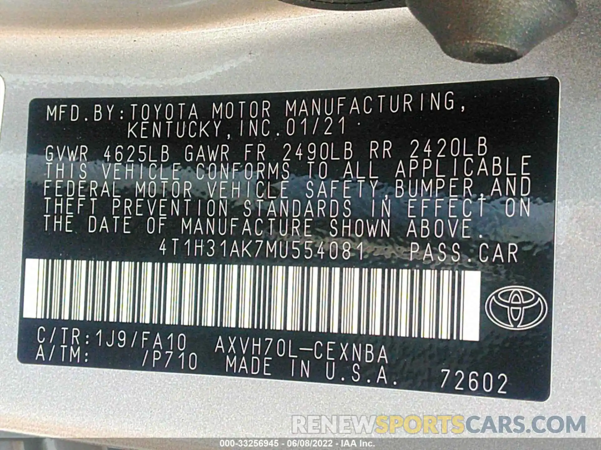 9 Фотография поврежденного автомобиля 4T1H31AK7MU554081 TOYOTA CAMRY 2021