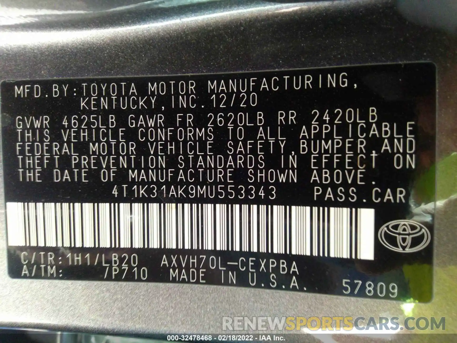 9 Фотография поврежденного автомобиля 4T1K31AK9MU553343 TOYOTA CAMRY 2021