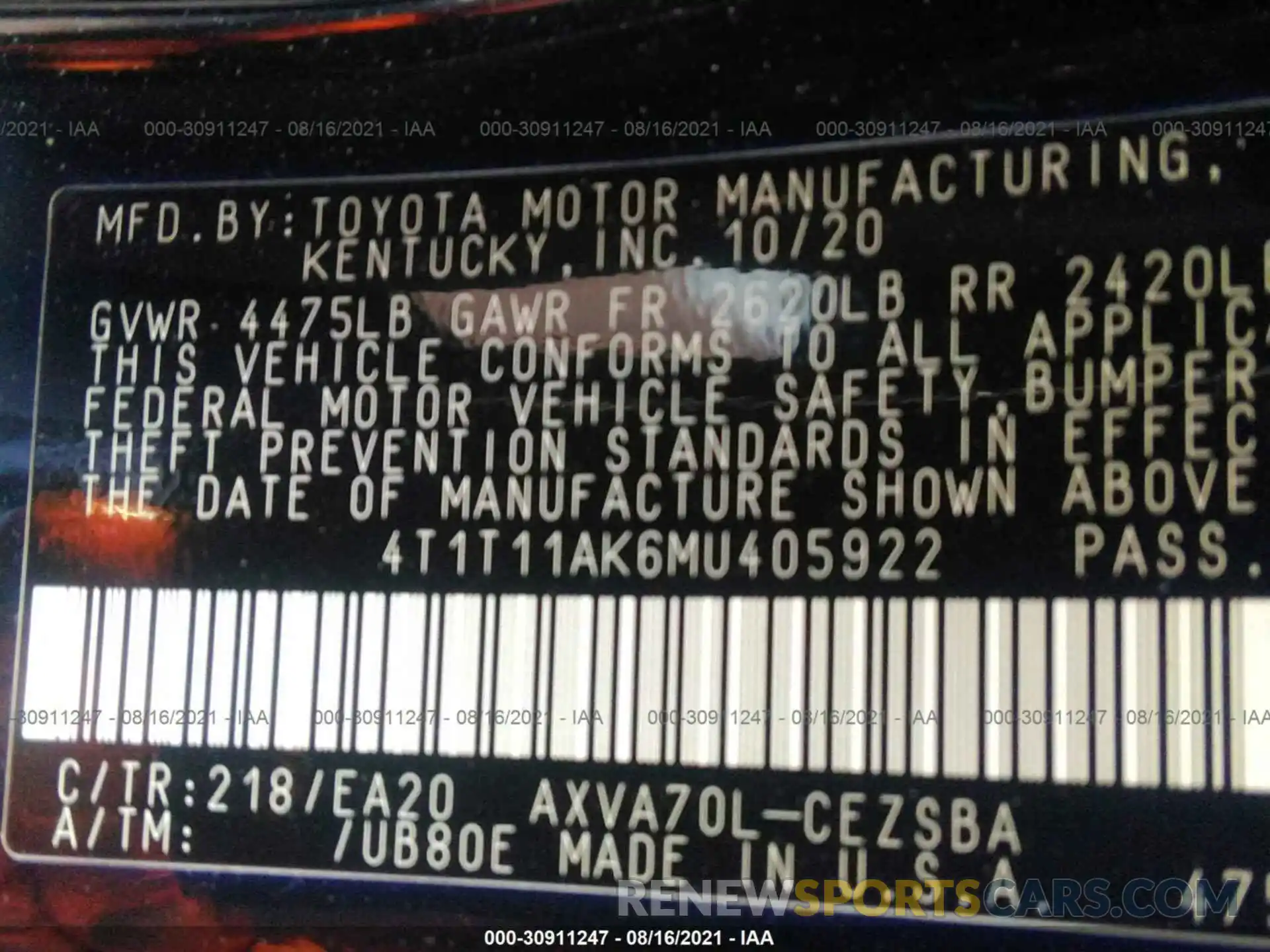 9 Фотография поврежденного автомобиля 4T1T11AK6MU405922 TOYOTA CAMRY 2021