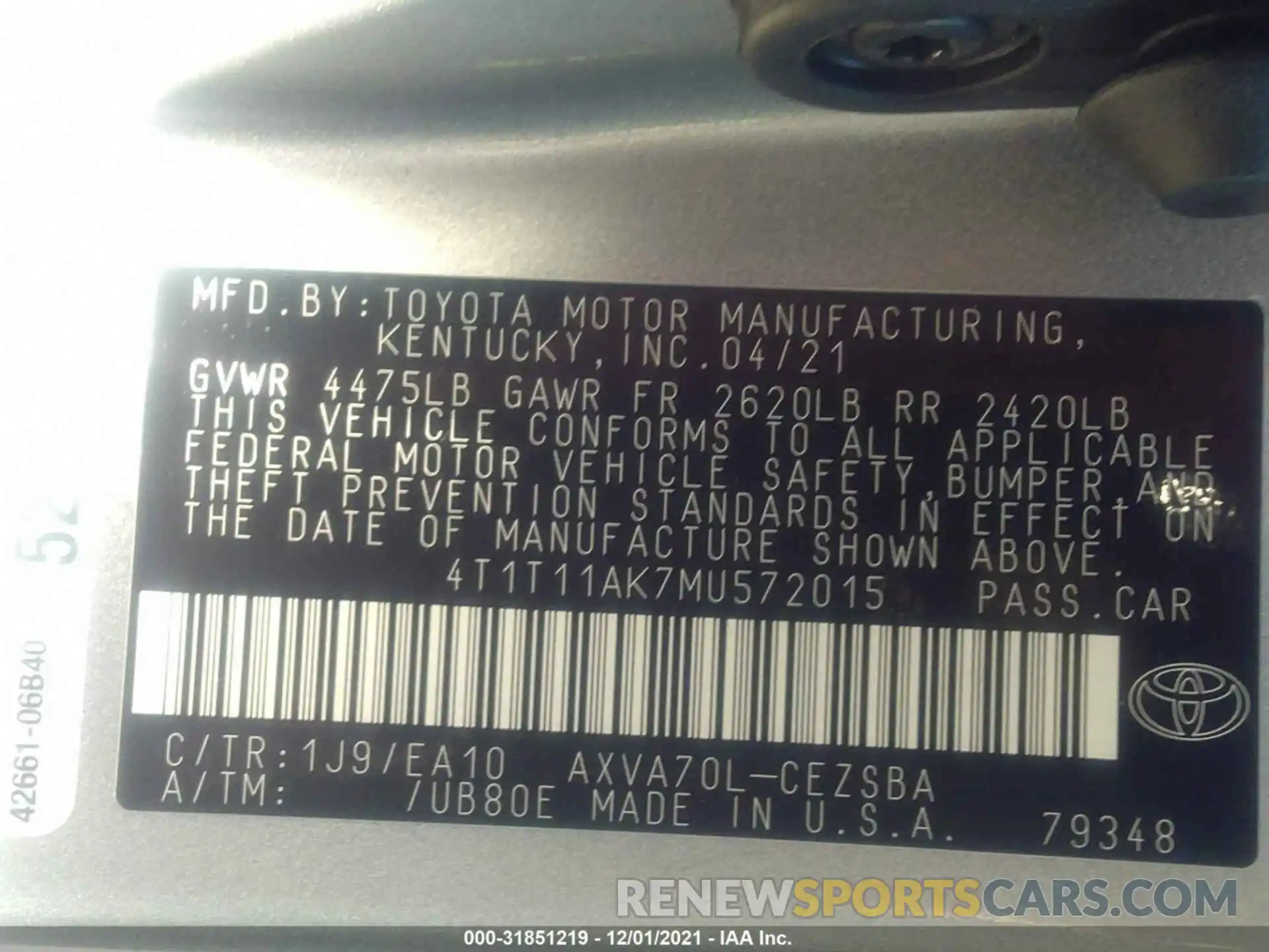 9 Фотография поврежденного автомобиля 4T1T11AK7MU572015 TOYOTA CAMRY 2021