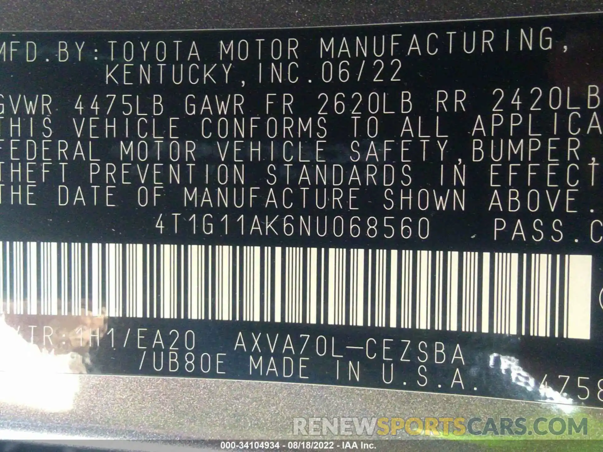 9 Фотография поврежденного автомобиля 4T1G11AK6NU068560 TOYOTA CAMRY 2022