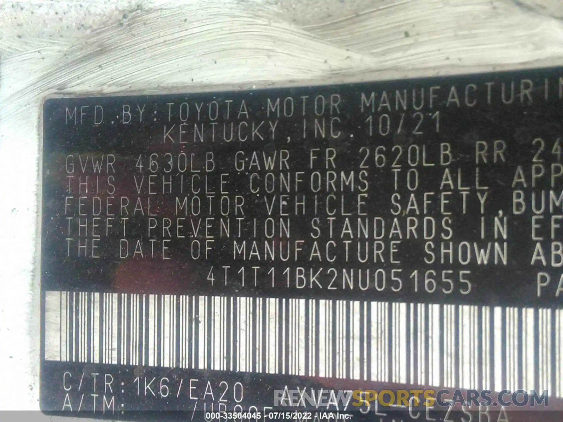 9 Фотография поврежденного автомобиля 4T1T11BK2NU051655 TOYOTA CAMRY 2022