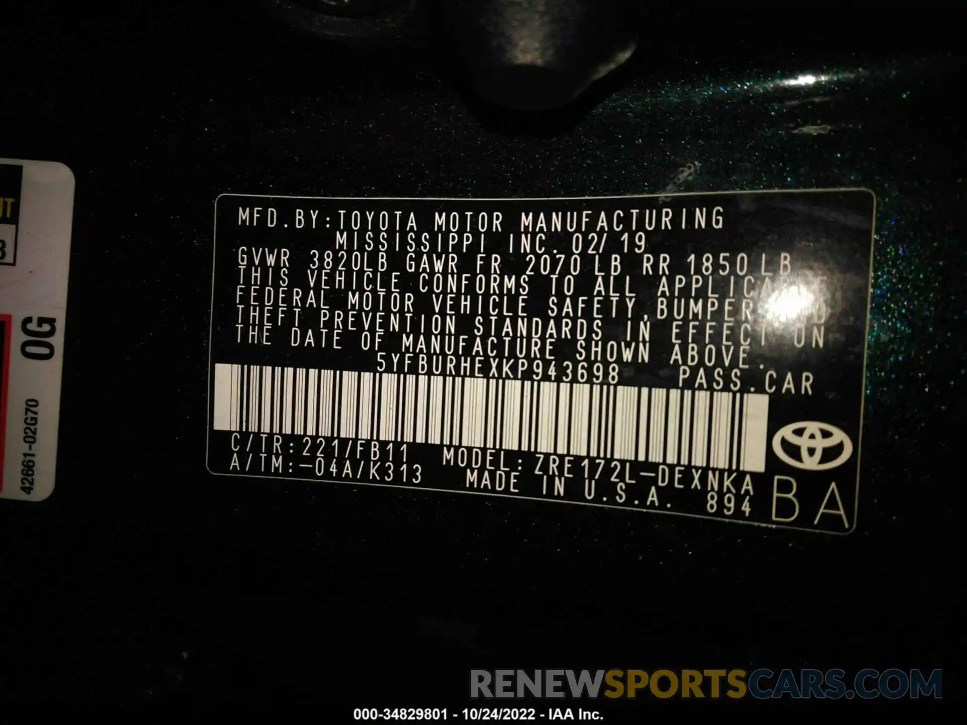 9 Photograph of a damaged car 00FBURHEXKP943698 TOYOTA COROLLA 2019