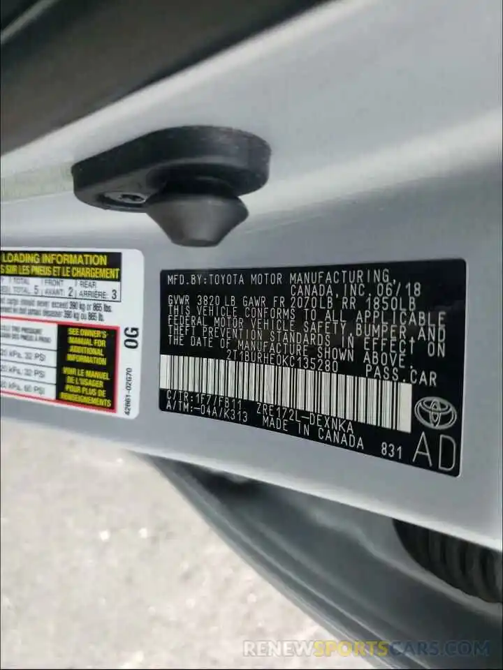 10 Photograph of a damaged car 2T1BURHE0KC135280 TOYOTA COROLLA 2019