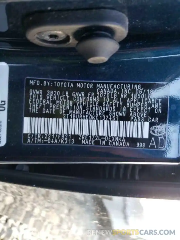 10 Photograph of a damaged car 2T1BURHE0KC137451 TOYOTA COROLLA 2019