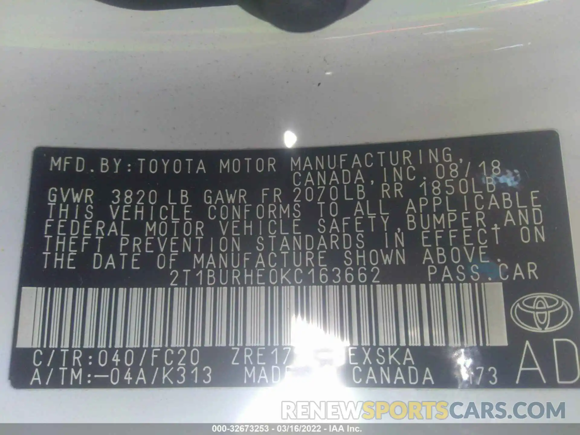 9 Photograph of a damaged car 2T1BURHE0KC163662 TOYOTA COROLLA 2019