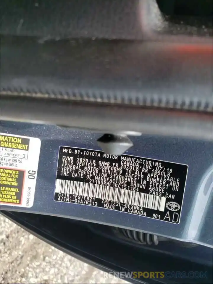 10 Photograph of a damaged car 2T1BURHE1KC151164 TOYOTA COROLLA 2019