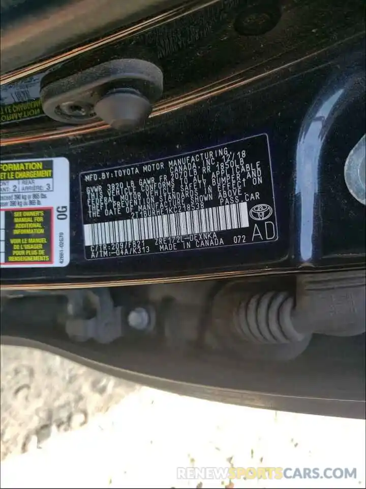 10 Photograph of a damaged car 2T1BURHE1KC218538 TOYOTA COROLLA 2019