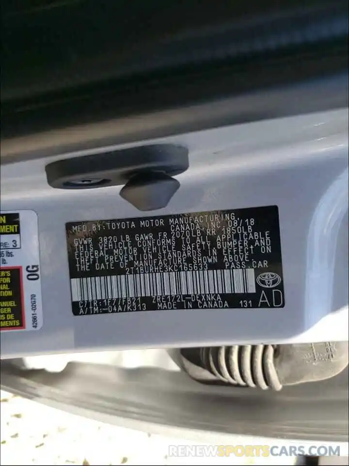 10 Photograph of a damaged car 2T1BURHE3KC165633 TOYOTA COROLLA 2019