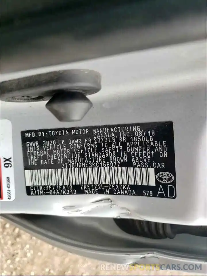 10 Photograph of a damaged car 2T1BURHE3KC168077 TOYOTA COROLLA 2019