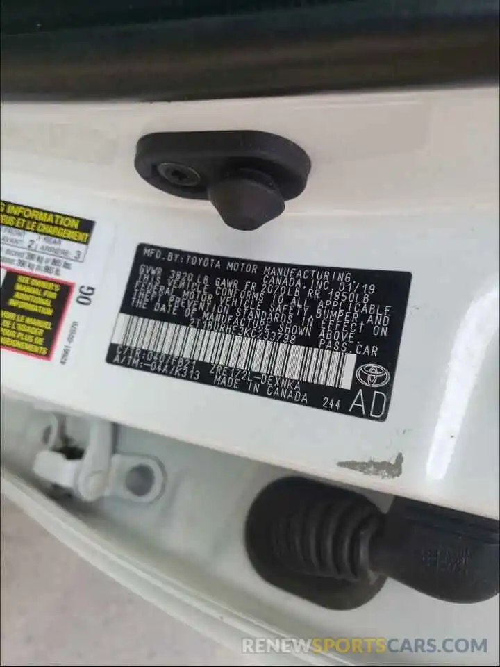 10 Photograph of a damaged car 2T1BURHE3KC233798 TOYOTA COROLLA 2019