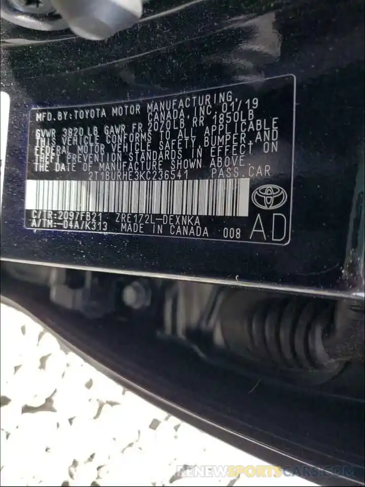 10 Photograph of a damaged car 2T1BURHE3KC236541 TOYOTA COROLLA 2019