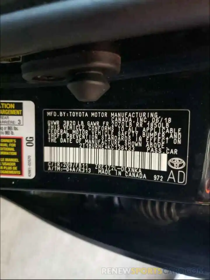 10 Photograph of a damaged car 2T1BURHE4KC136433 TOYOTA COROLLA 2019