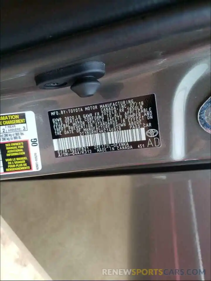 10 Photograph of a damaged car 2T1BURHE4KC146928 TOYOTA COROLLA 2019