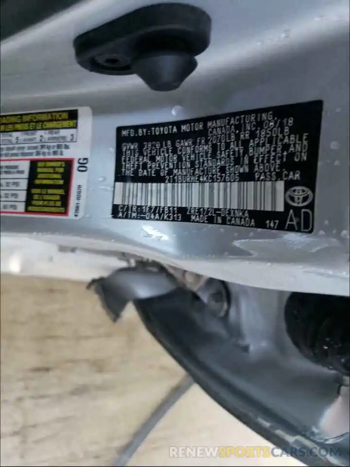 10 Photograph of a damaged car 2T1BURHE4KC157606 TOYOTA COROLLA 2019