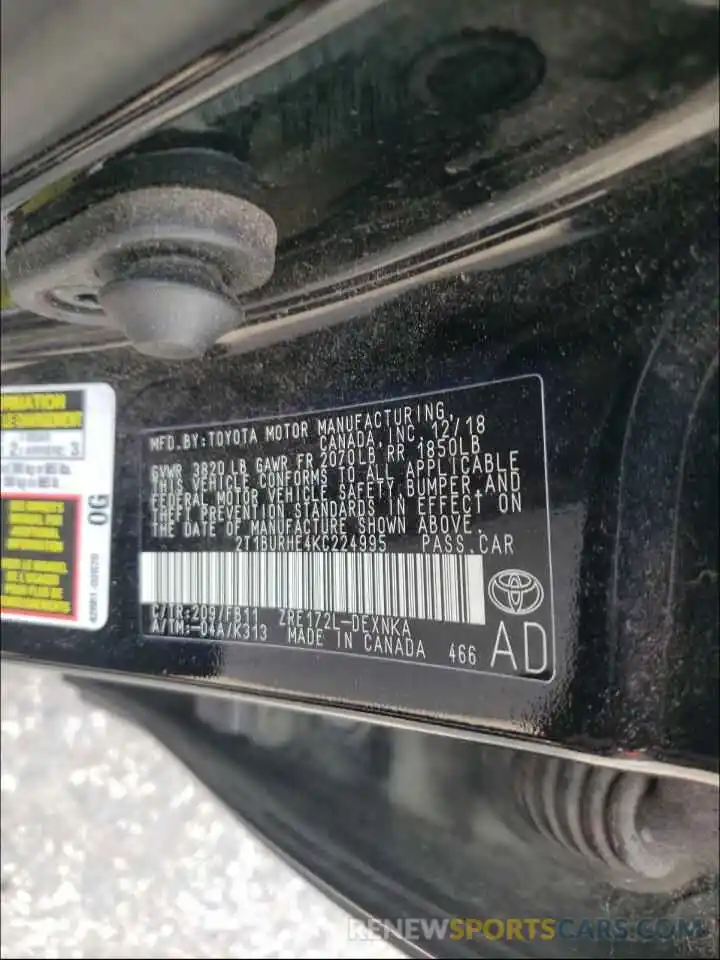 10 Photograph of a damaged car 2T1BURHE4KC224995 TOYOTA COROLLA 2019