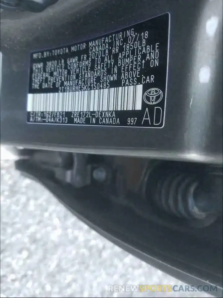 10 Photograph of a damaged car 2T1BURHE5KC150485 TOYOTA COROLLA 2019