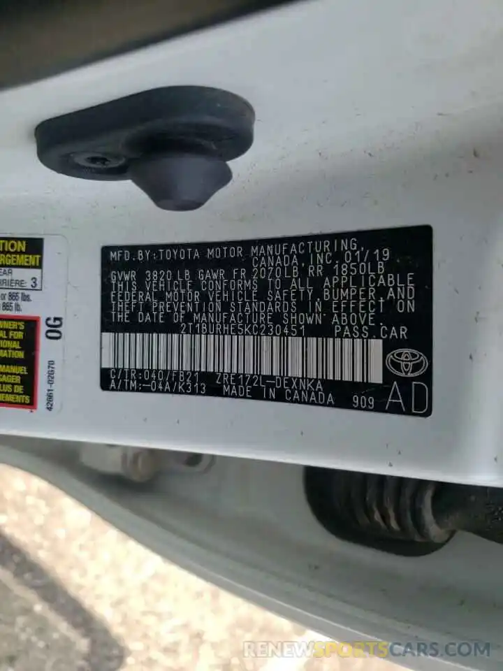 10 Photograph of a damaged car 2T1BURHE5KC230451 TOYOTA COROLLA 2019