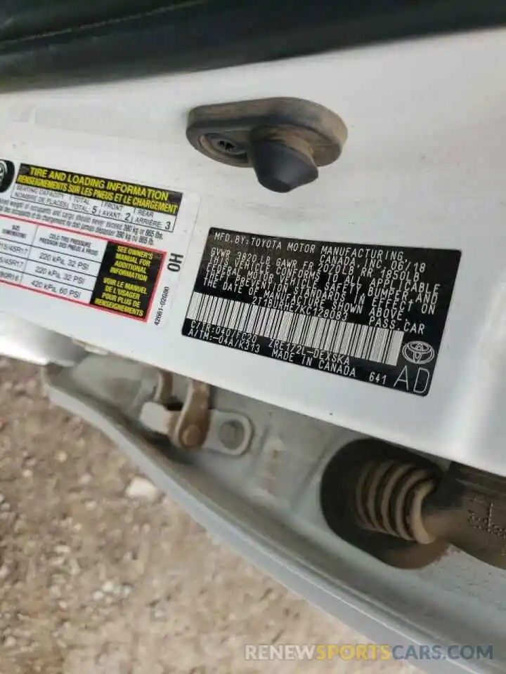 10 Photograph of a damaged car 2T1BURHE7KC128083 TOYOTA COROLLA 2019