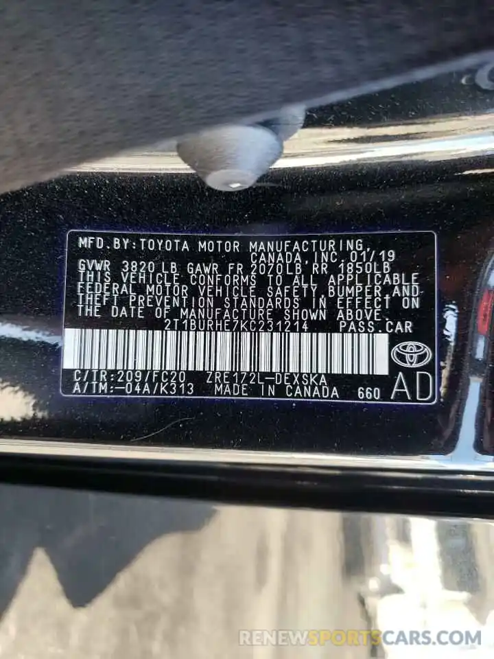 10 Photograph of a damaged car 2T1BURHE7KC231214 TOYOTA COROLLA 2019