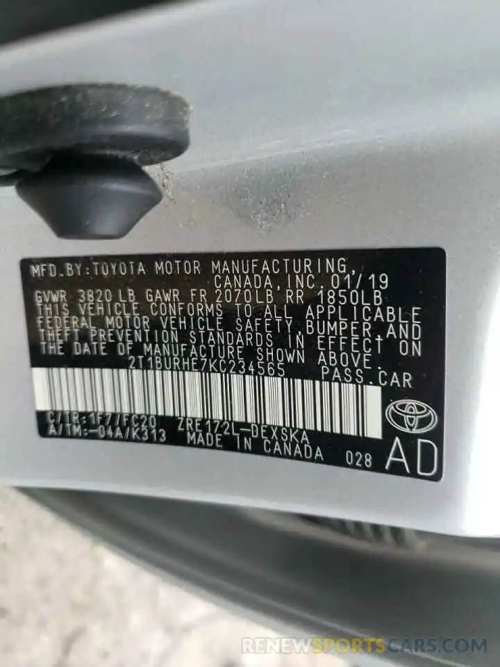 10 Photograph of a damaged car 2T1BURHE7KC234565 TOYOTA COROLLA 2019