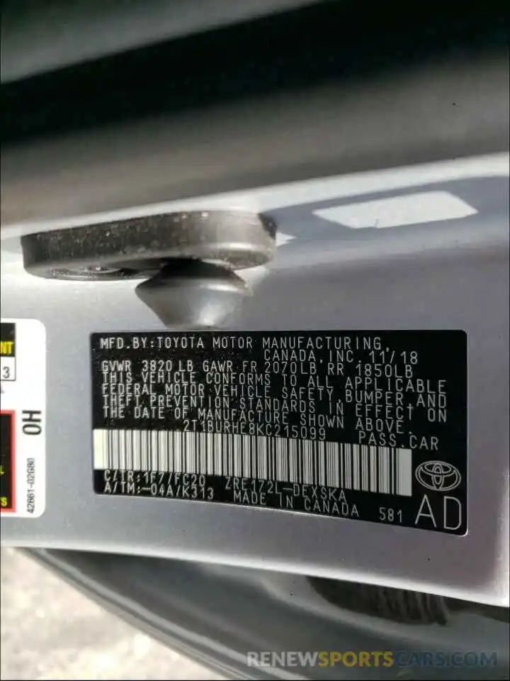 10 Photograph of a damaged car 2T1BURHE8KC215099 TOYOTA COROLLA 2019