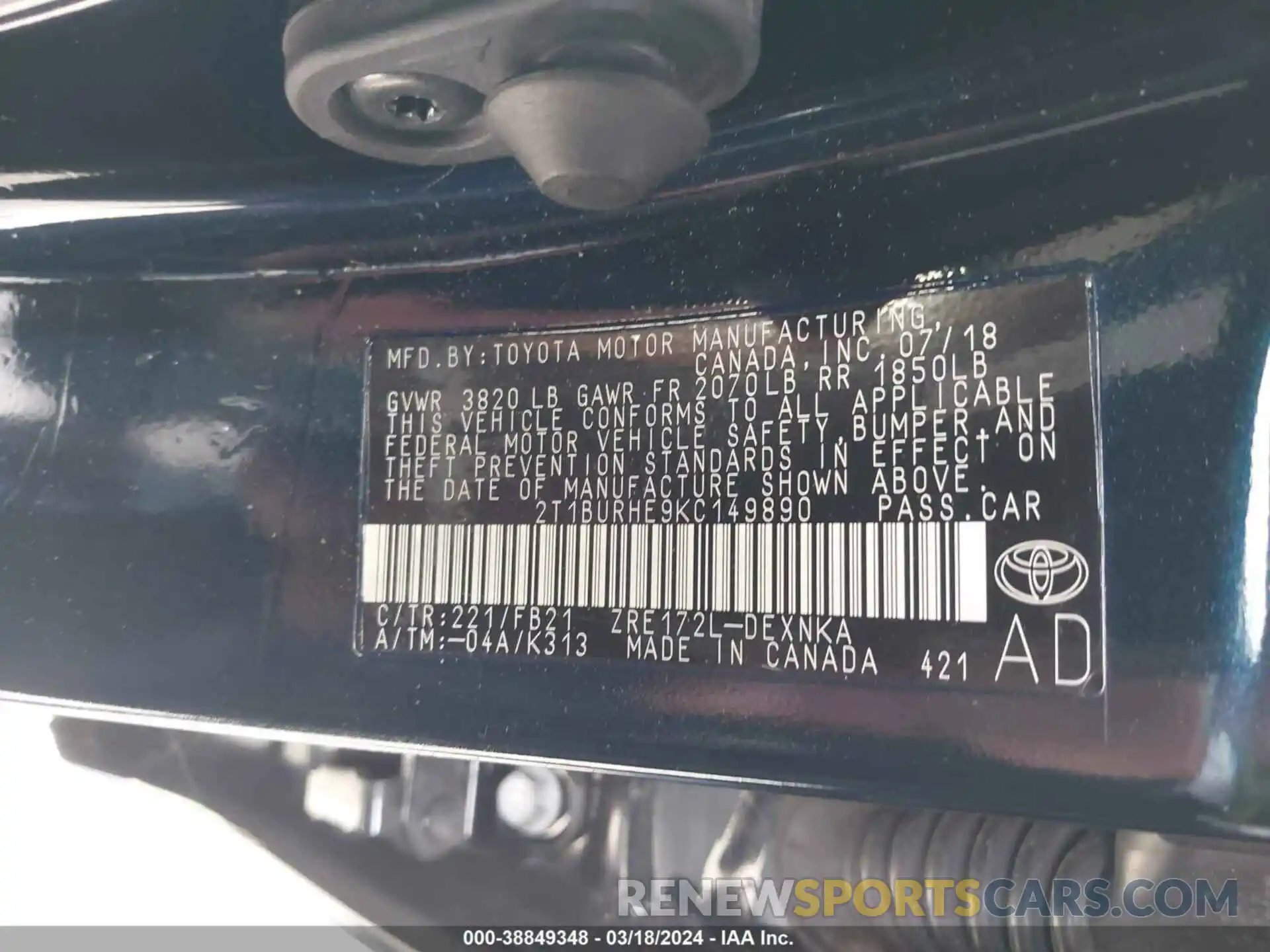 9 Photograph of a damaged car 2T1BURHE9KC149890 TOYOTA COROLLA 2019