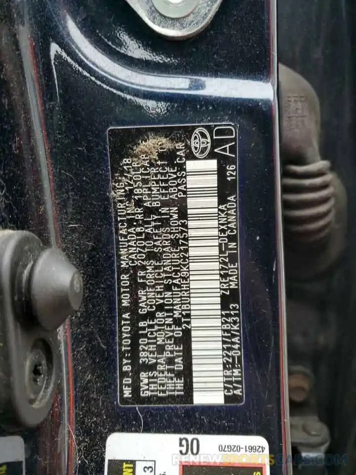 13 Photograph of a damaged car 2T1BURHE9KC217573 TOYOTA COROLLA 2019