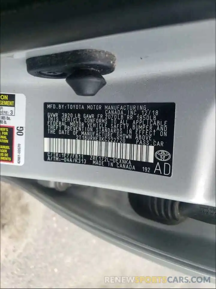 10 Photograph of a damaged car 2T1BURHEXKC222720 TOYOTA COROLLA 2019