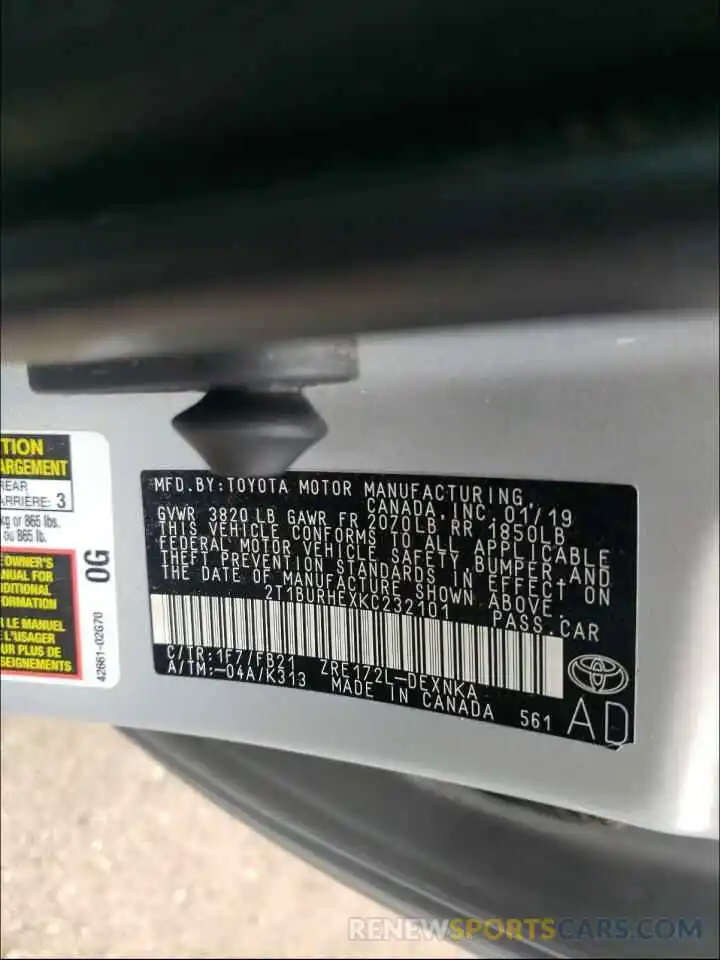 10 Photograph of a damaged car 2T1BURHEXKC232101 TOYOTA COROLLA 2019