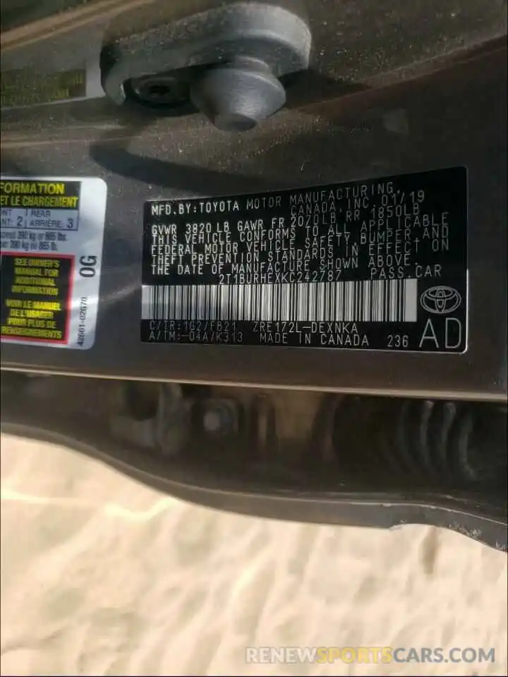 10 Photograph of a damaged car 2T1BURHEXKC242787 TOYOTA COROLLA 2019