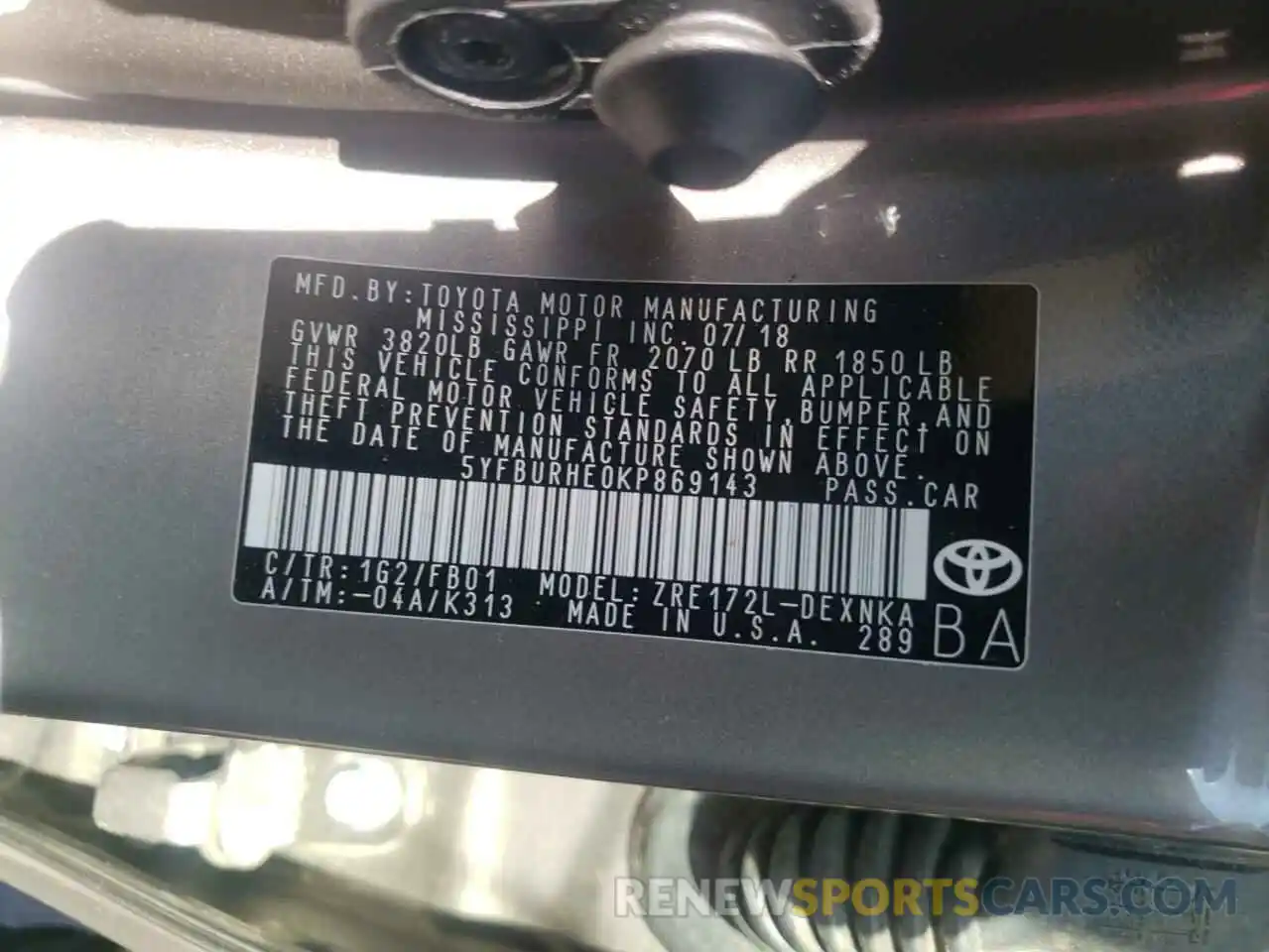 10 Photograph of a damaged car 5YFBURHE0KP869143 TOYOTA COROLLA 2019