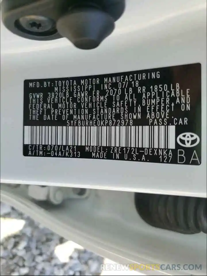 10 Photograph of a damaged car 5YFBURHE0KP872978 TOYOTA COROLLA 2019