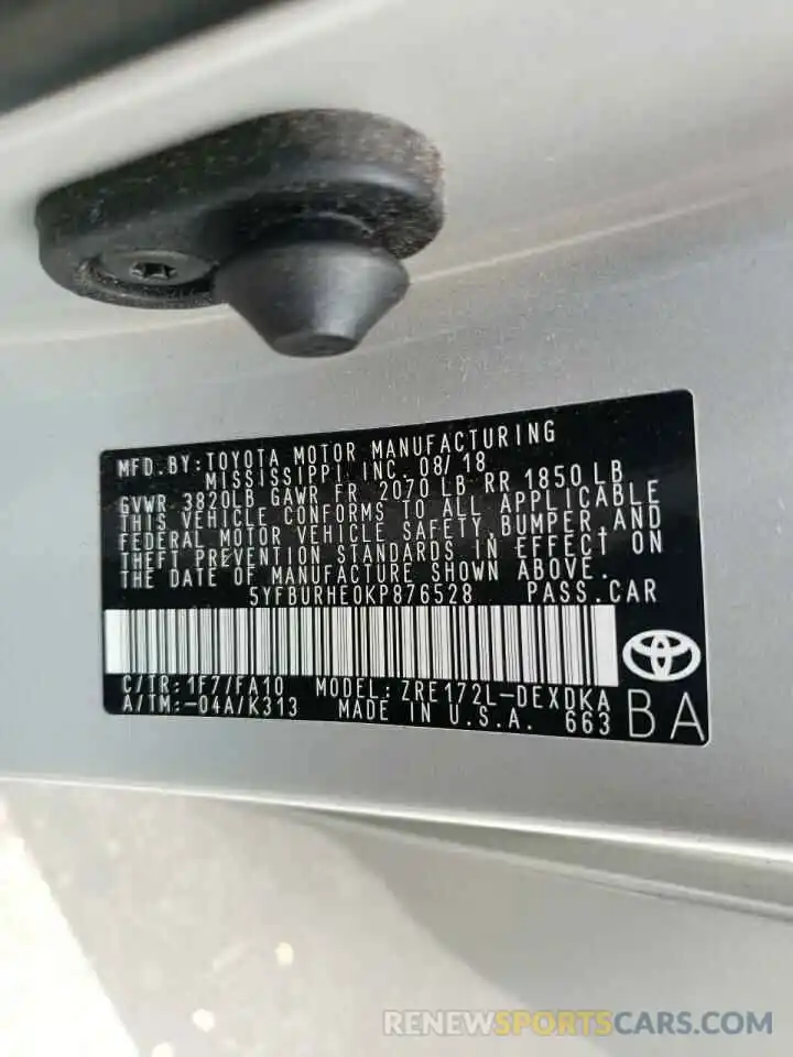 10 Photograph of a damaged car 5YFBURHE0KP876528 TOYOTA COROLLA 2019