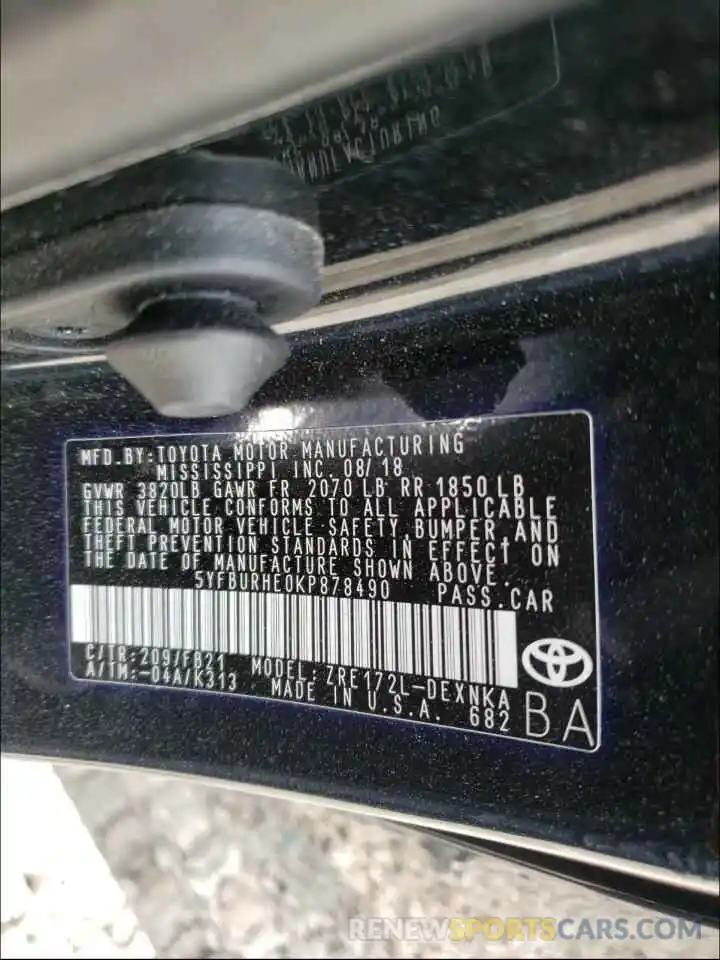 10 Photograph of a damaged car 5YFBURHE0KP878490 TOYOTA COROLLA 2019