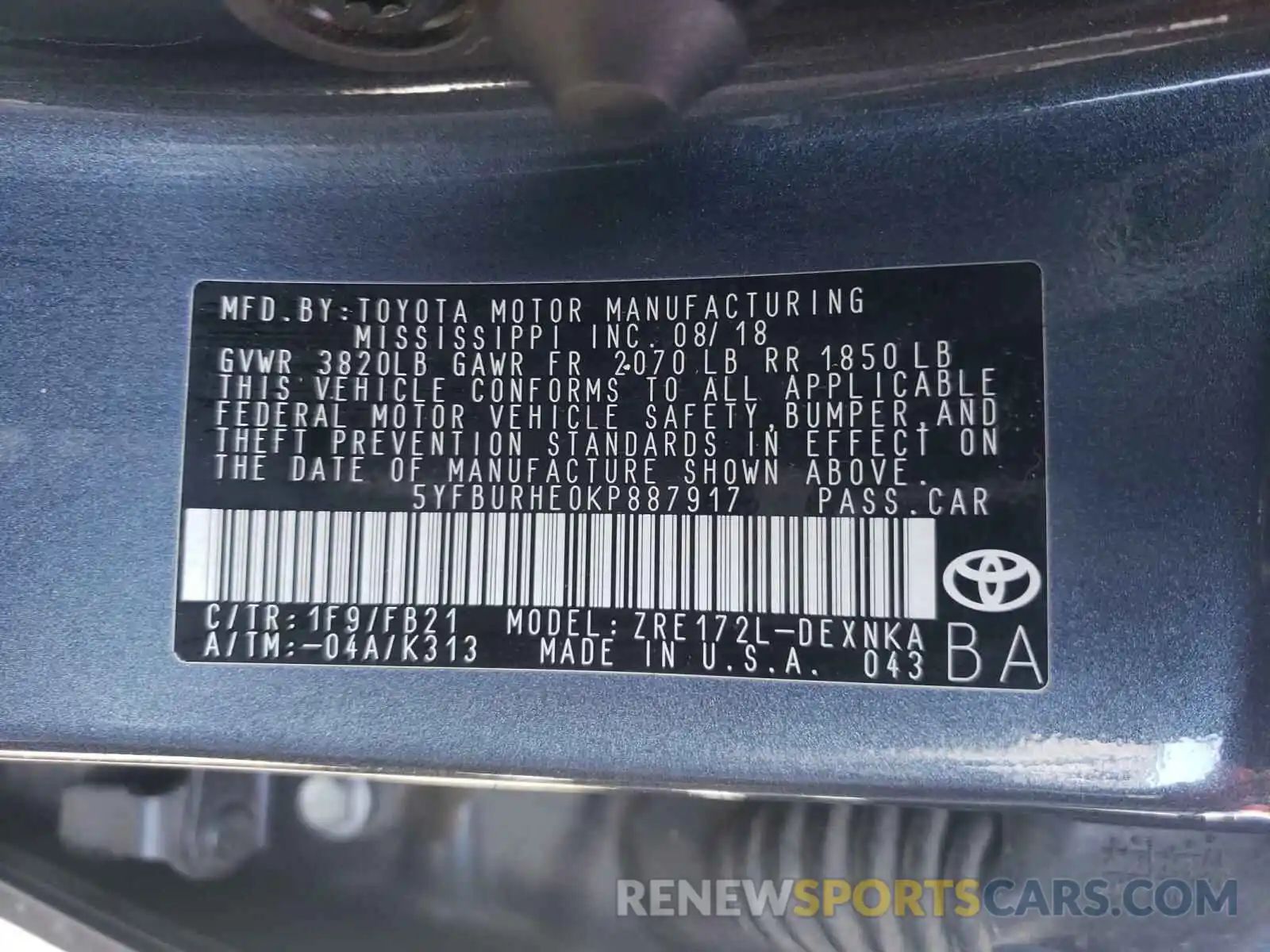 10 Photograph of a damaged car 5YFBURHE0KP887917 TOYOTA COROLLA 2019