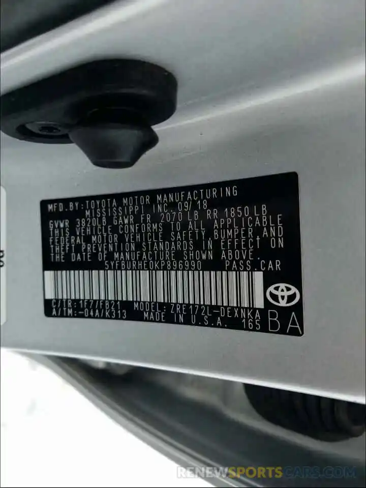 10 Photograph of a damaged car 5YFBURHE0KP896990 TOYOTA COROLLA 2019