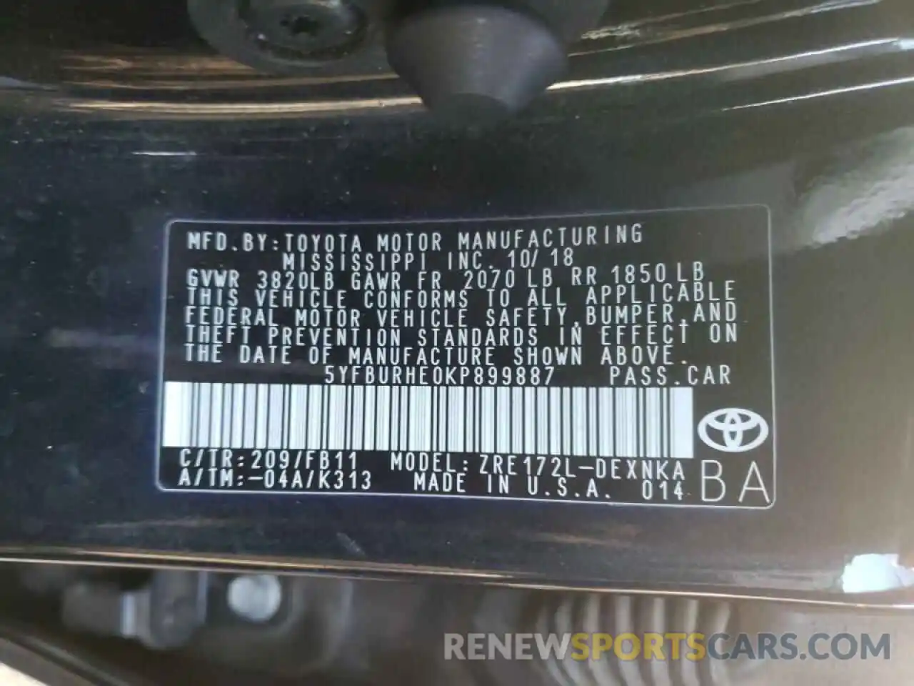 10 Photograph of a damaged car 5YFBURHE0KP899887 TOYOTA COROLLA 2019