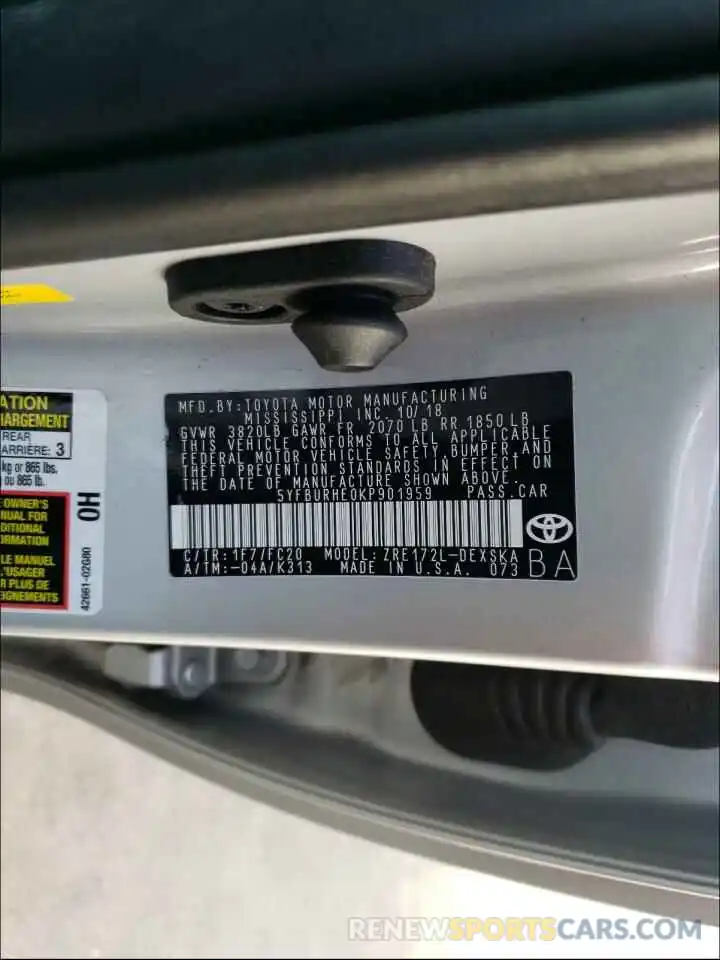 10 Photograph of a damaged car 5YFBURHE0KP901959 TOYOTA COROLLA 2019