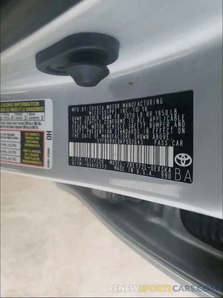 10 Photograph of a damaged car 5YFBURHE0KP902643 TOYOTA COROLLA 2019