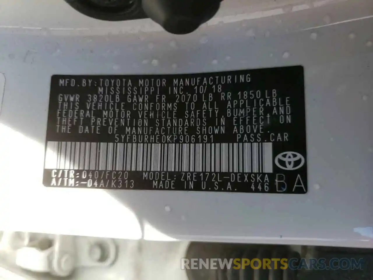 10 Photograph of a damaged car 5YFBURHE0KP906191 TOYOTA COROLLA 2019