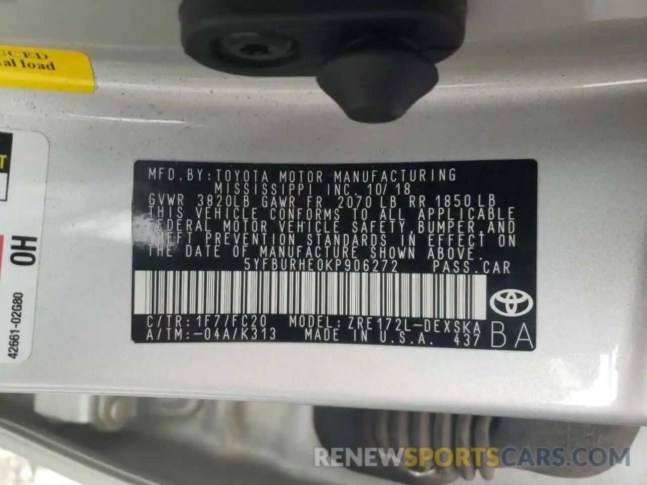 10 Photograph of a damaged car 5YFBURHE0KP906272 TOYOTA COROLLA 2019