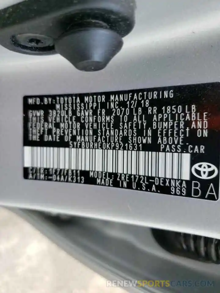 10 Photograph of a damaged car 5YFBURHE0KP921631 TOYOTA COROLLA 2019