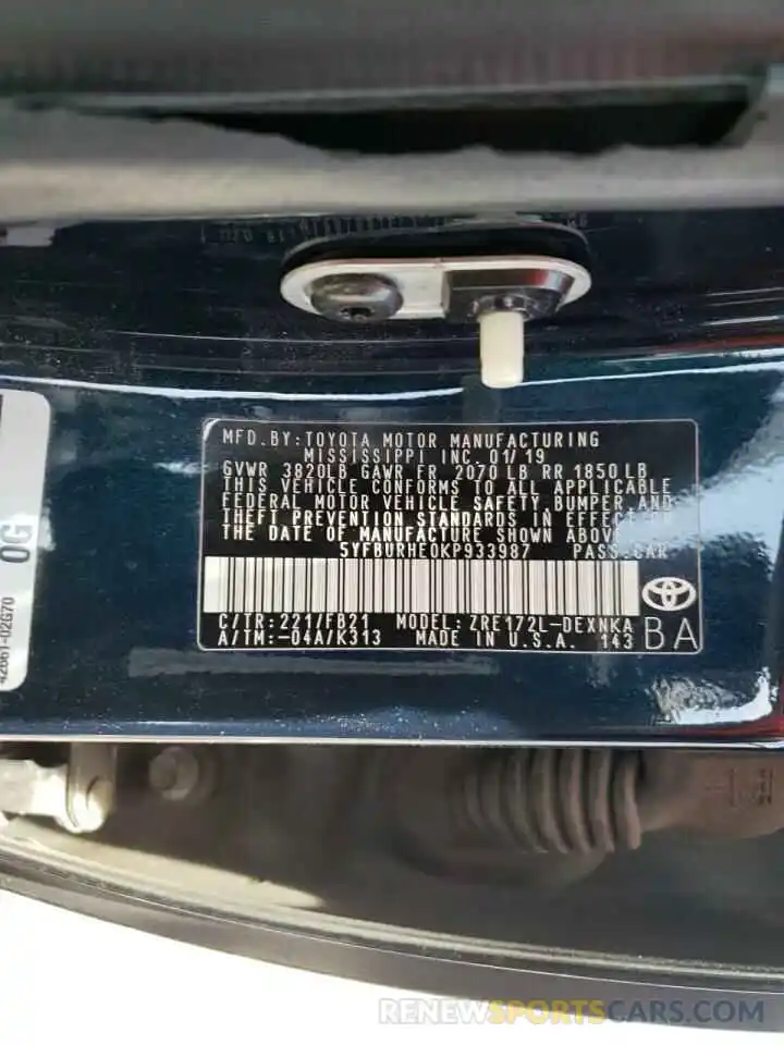 10 Photograph of a damaged car 5YFBURHE0KP933987 TOYOTA COROLLA 2019