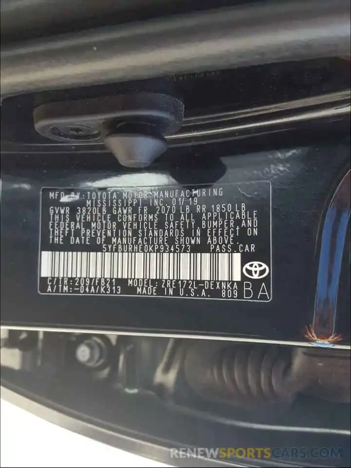 10 Photograph of a damaged car 5YFBURHE0KP934573 TOYOTA COROLLA 2019