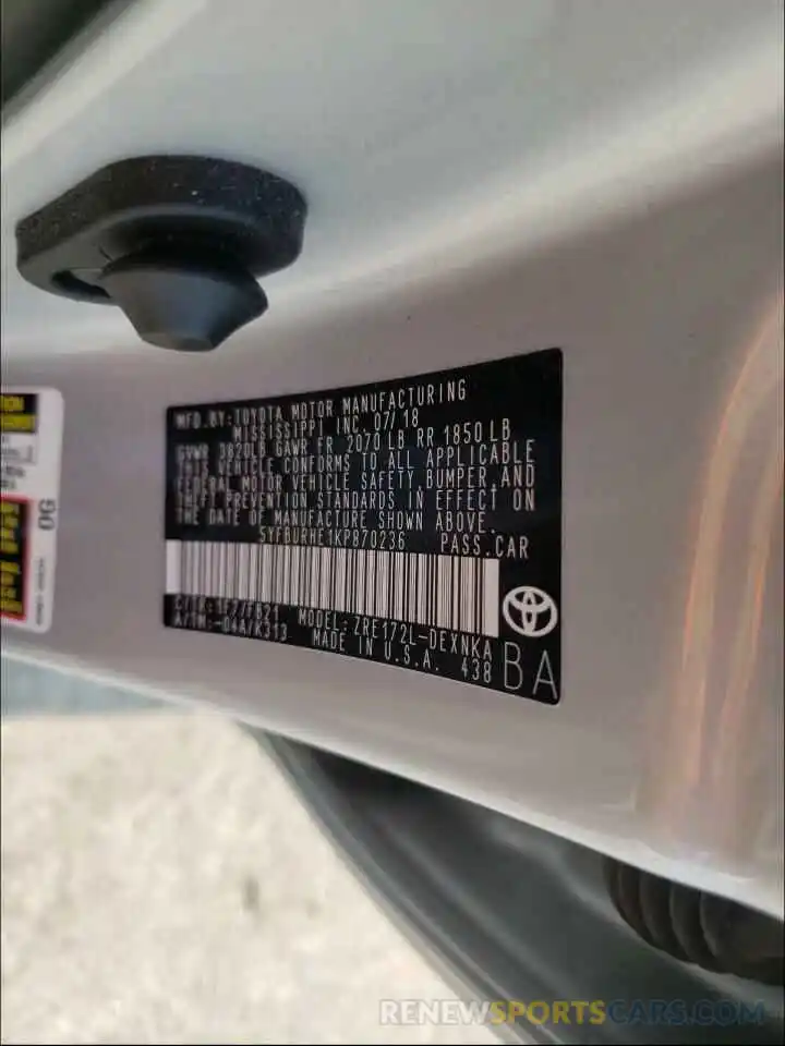 10 Photograph of a damaged car 5YFBURHE1KP870236 TOYOTA COROLLA 2019