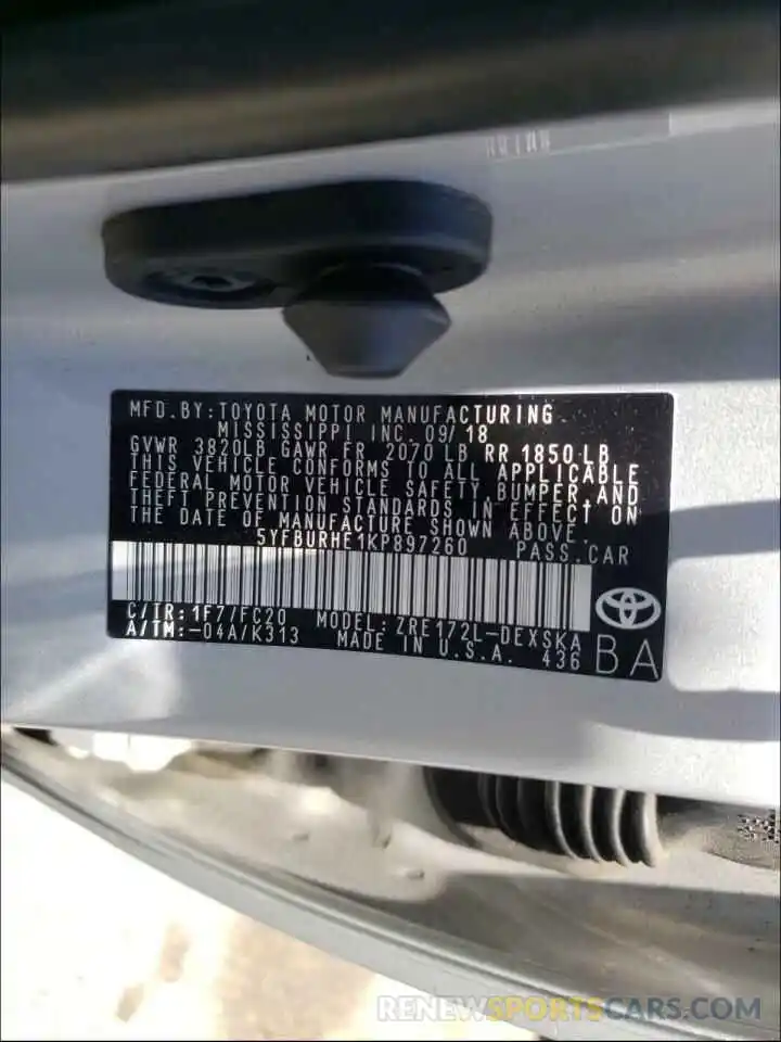 10 Photograph of a damaged car 5YFBURHE1KP897260 TOYOTA COROLLA 2019