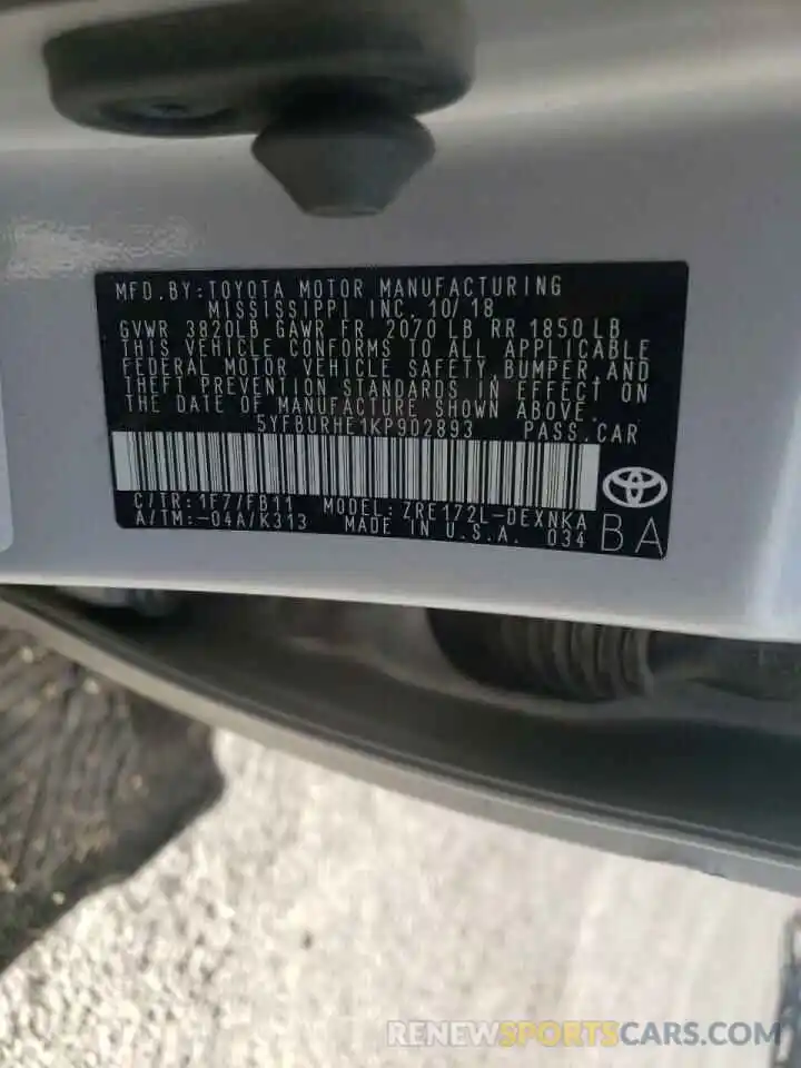 10 Photograph of a damaged car 5YFBURHE1KP902893 TOYOTA COROLLA 2019