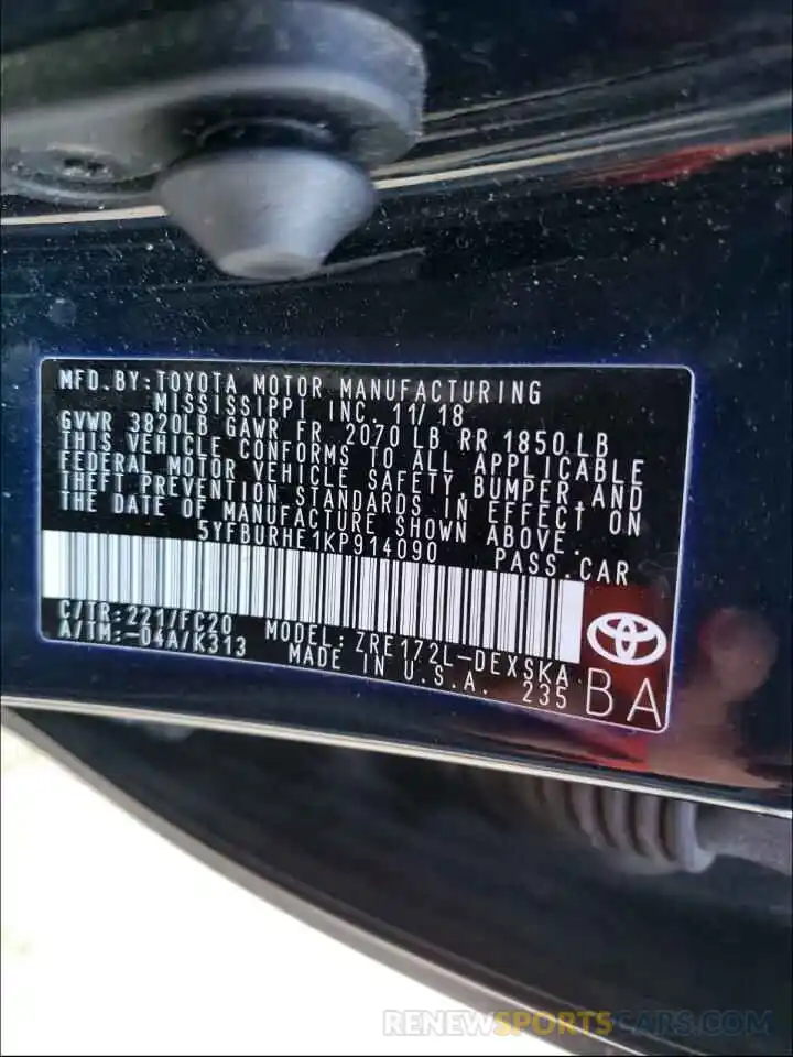 10 Photograph of a damaged car 5YFBURHE1KP914090 TOYOTA COROLLA 2019