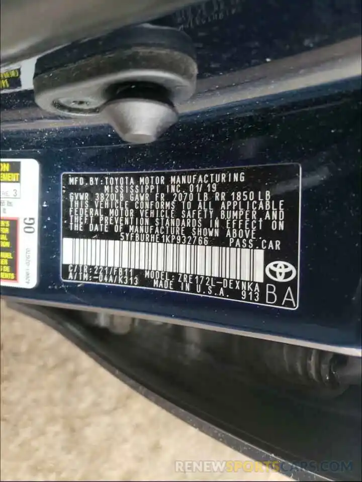 10 Photograph of a damaged car 5YFBURHE1KP932766 TOYOTA COROLLA 2019